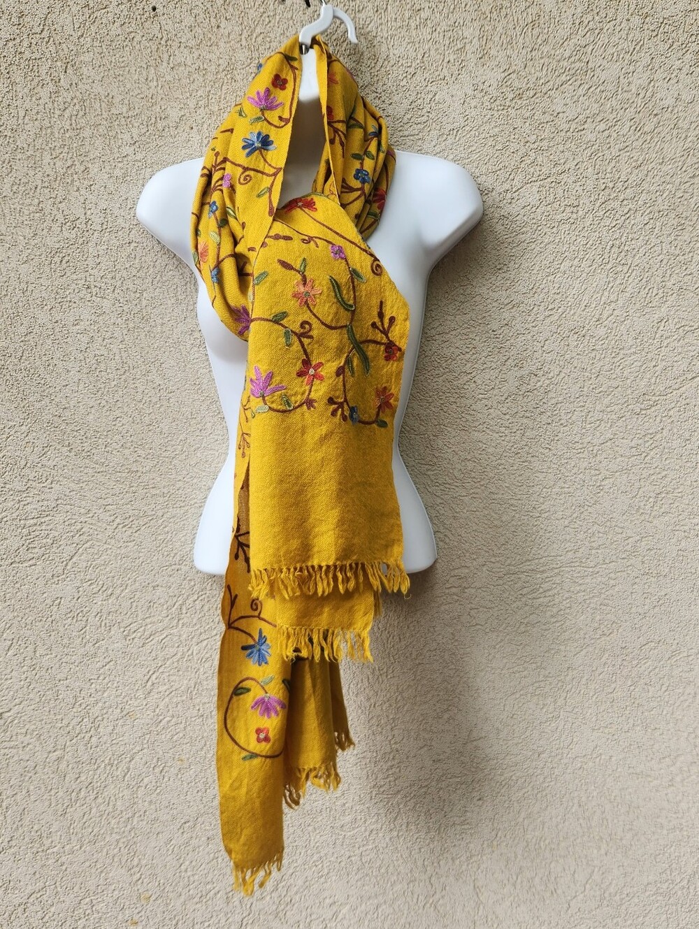 KASHMIRI PASHMINA Scarf Yellow Floral Wool Hand Embroidered Shawl Wrap 26 x 72